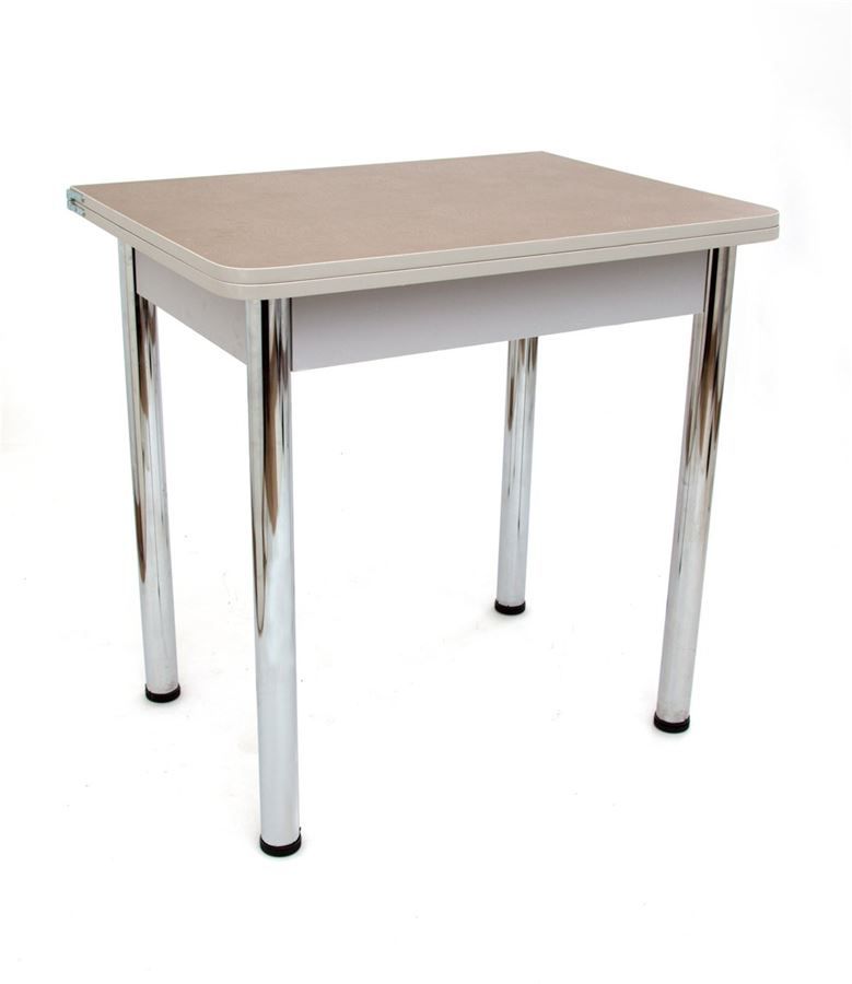 Стол обеденный ЛС-831 столешница кожа золото, ножки хром, кромка + царги серый