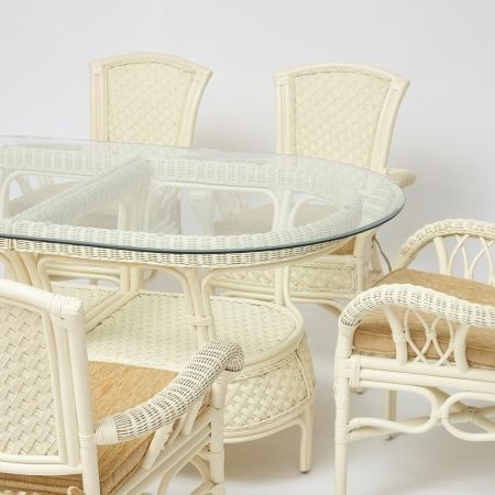 Комплект обеденный "ANDREA GRAND" (стол со стеклом + 6 кресел + подушки) белый, ткань рубчик, кремовый