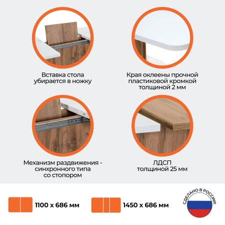 Стол обеденный GENT ЛДСП, 110-145x68,6x75,5 см, дуб вотан, белый