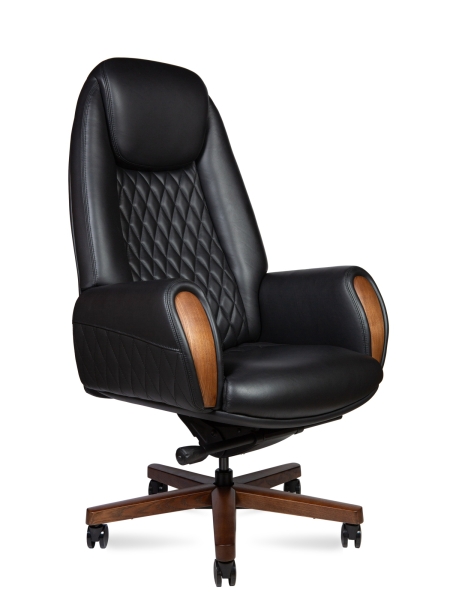 Кресло офисное Verdi черный, натуральная кожа и дерево и пластик, мягкое сиденье, с подлокотниками