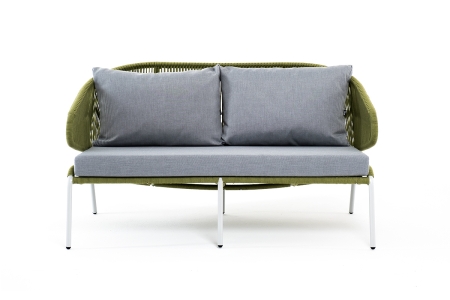 "Милан" диван 2-местный плетеный из роупа, каркас алюминий светло-серый (RAL7035) муар, роуп салатовый меланж круглый, ткань светло-серая