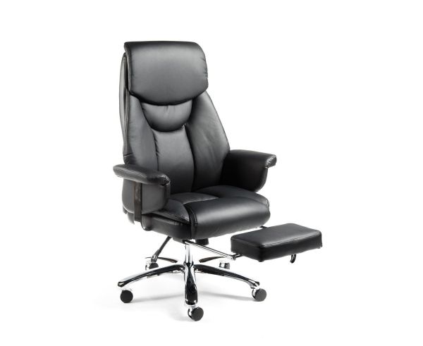Кресло офисное Парламент черный, сталь и хром, черная экокожа