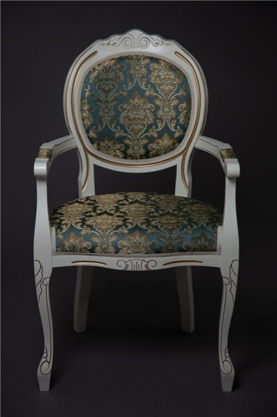 Кресло "Милорд-12" 1013+патина золото и ткань Андрис бирюза Вензель слоновая кость