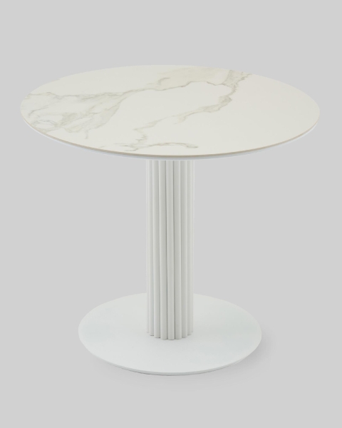 Стол круглый Терралино D90 верх керамика белый матовый, основание металл белый