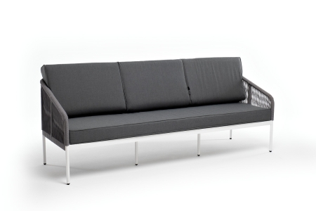 "Канны" диван 3-местный плетеный из роупа, каркас алюминий белый муар, роуп светло-серый круглый, ткань серая 017