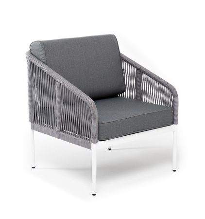 "Канны" кресло плетеное из роупа, каркас алюминий белый муар, роуп светло-серый круглый, ткань серая 017